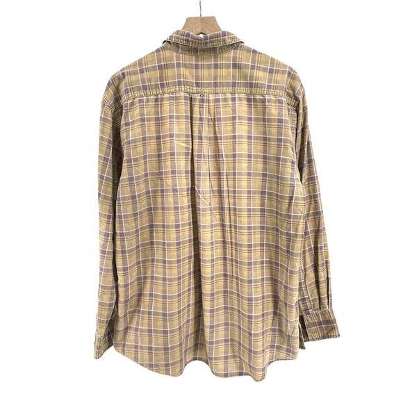 Corduroy Button Up Shirt Long Sleeve SUPER Distressed Tan Lavender Plaid | Large - Picture 6 of 9